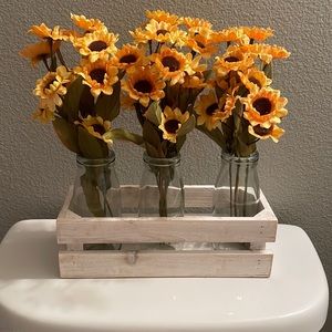 Wooden vase holder with sunflowers